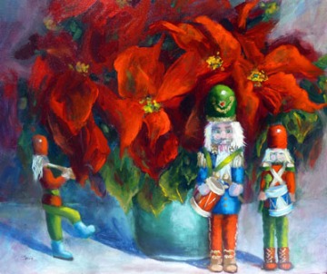 Christmas Band is a painting of soldier nutcrackers playing musical instruments next to a poinsettia plant.