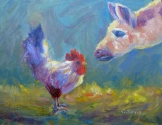 Chicken and llama oil painting